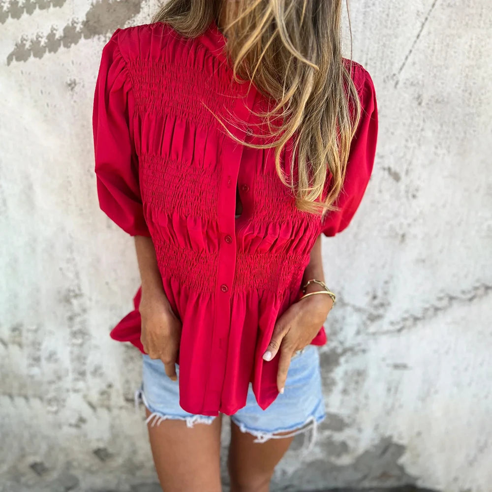 Lantern Sleeve Stand Collar Blouse