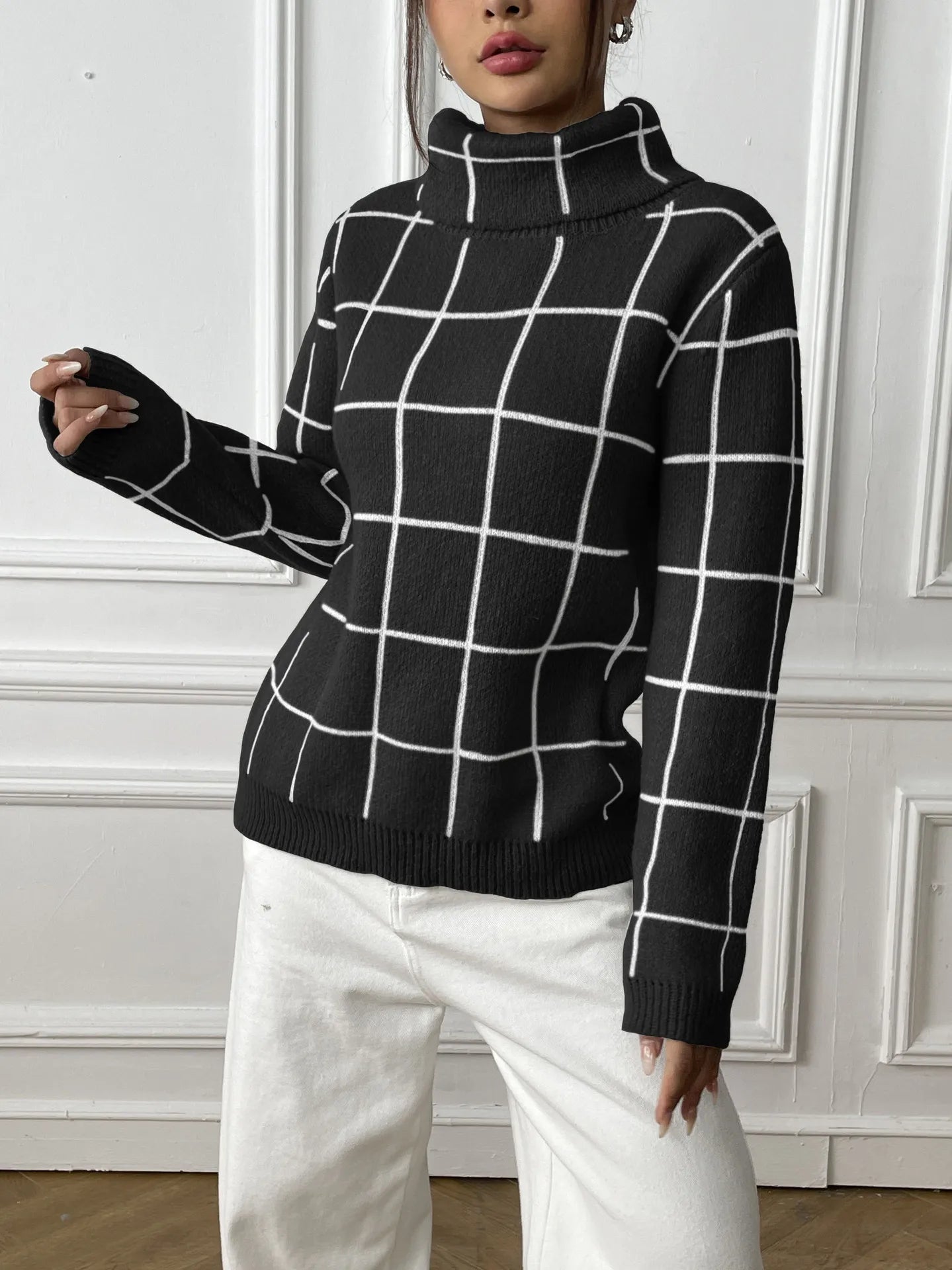 Plaid Muse Turtleneck Knit Sweater