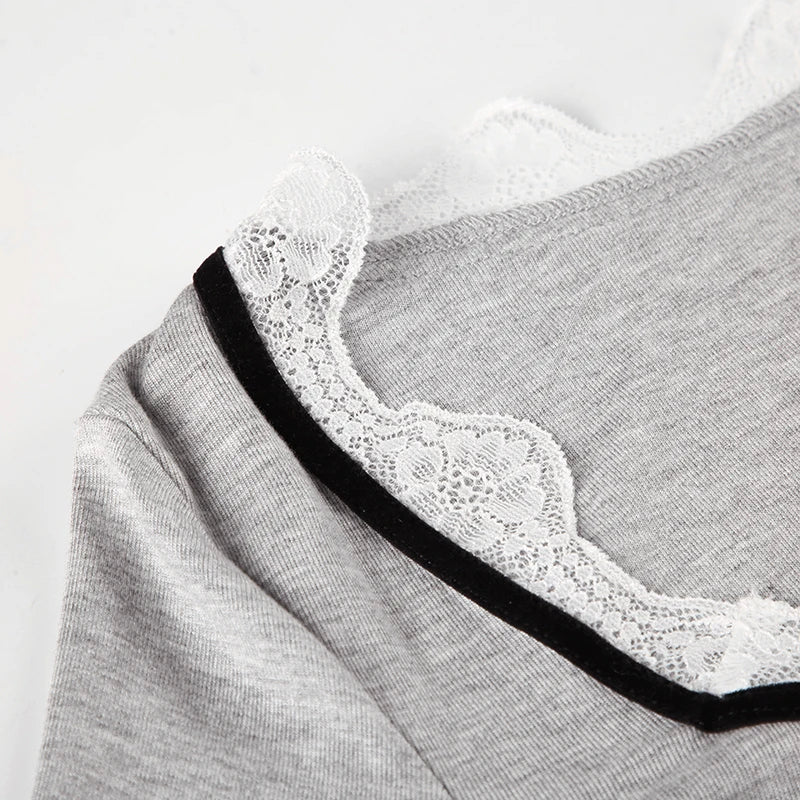 Bow Lace Square Neck Patchwork Top