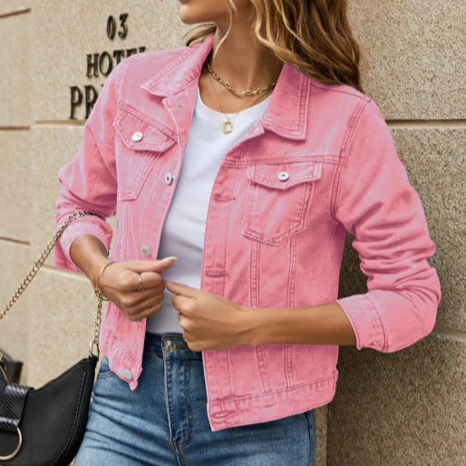 Washed Denim Turn-Down Collar Jacket