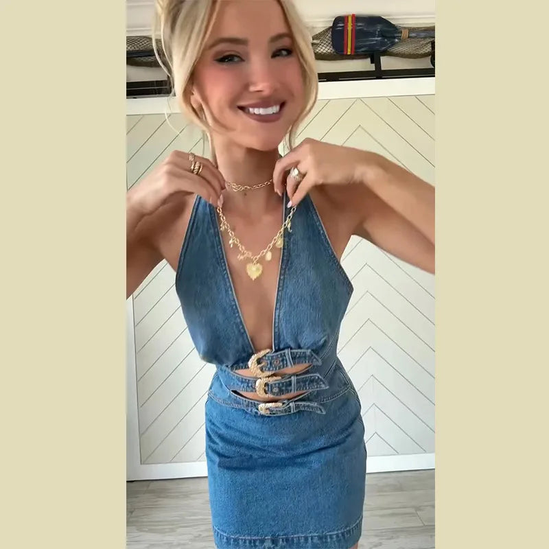 Ocean Glow Halter Denim Mini Dress Rich Allure