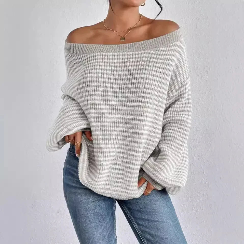 Stripe Lace Lantern Sleeve Knit Top