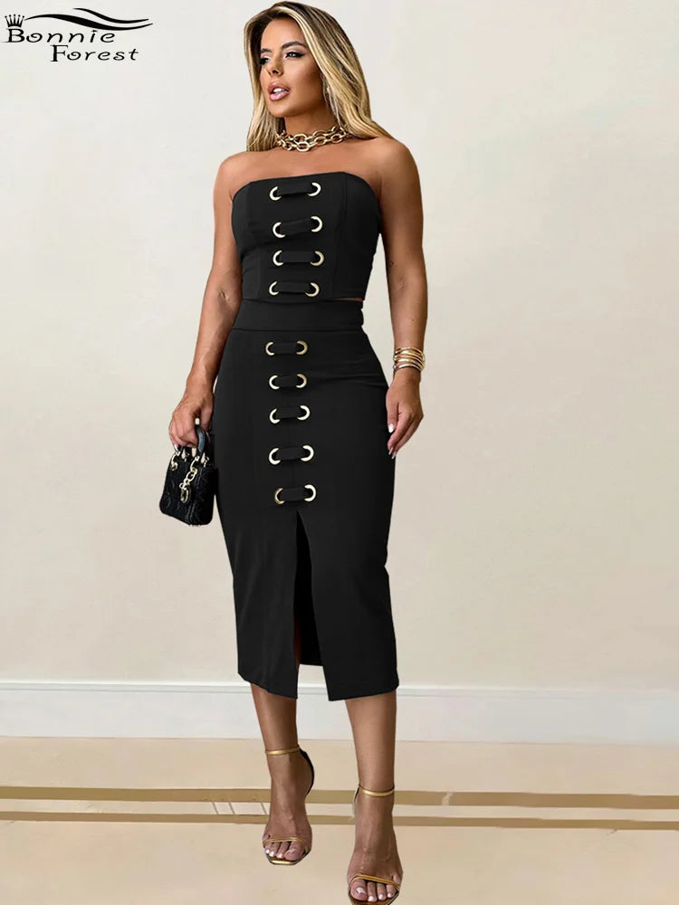 Midnight Bloom Lace-Up Skirt Set