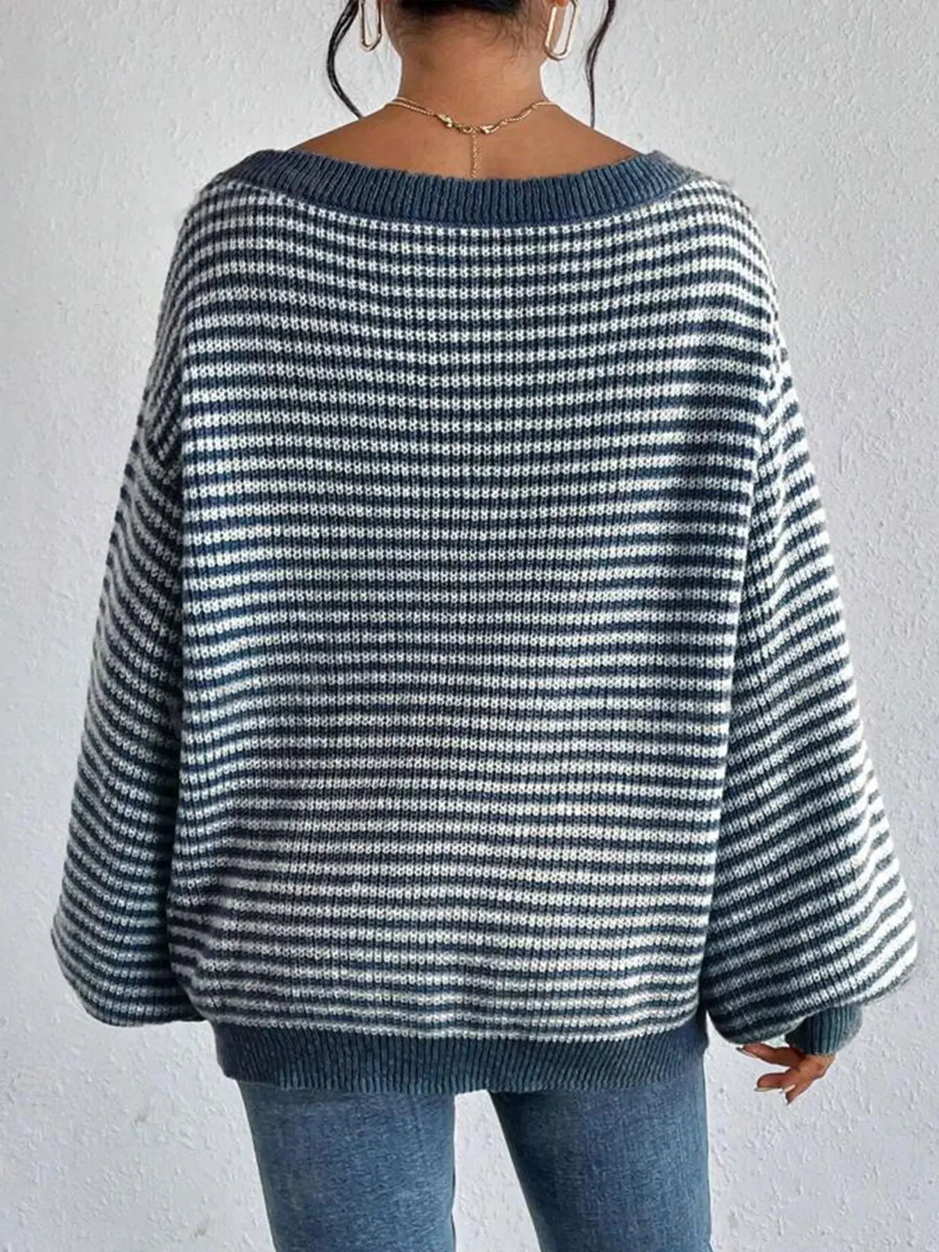 Stripe Lace Lantern Sleeve Knit Top