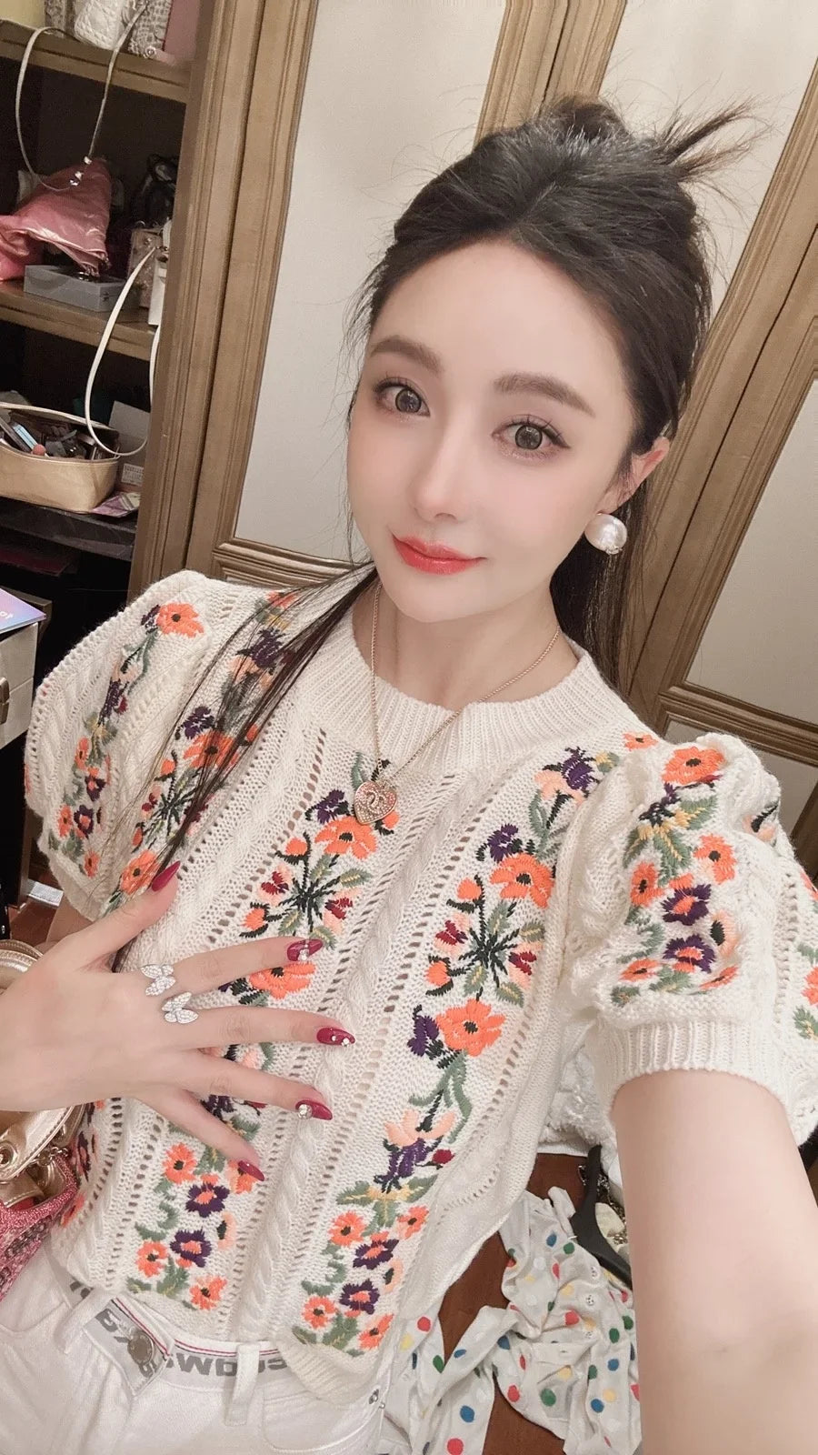 Embroidered Grace Puff Sleeve Knit