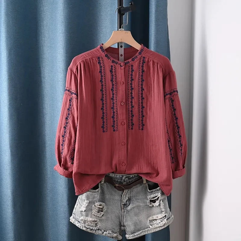 Boho Bloom Embroidered Cotton Shirt