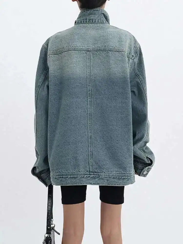Denim Charm Patchwork Turtleneck Coat