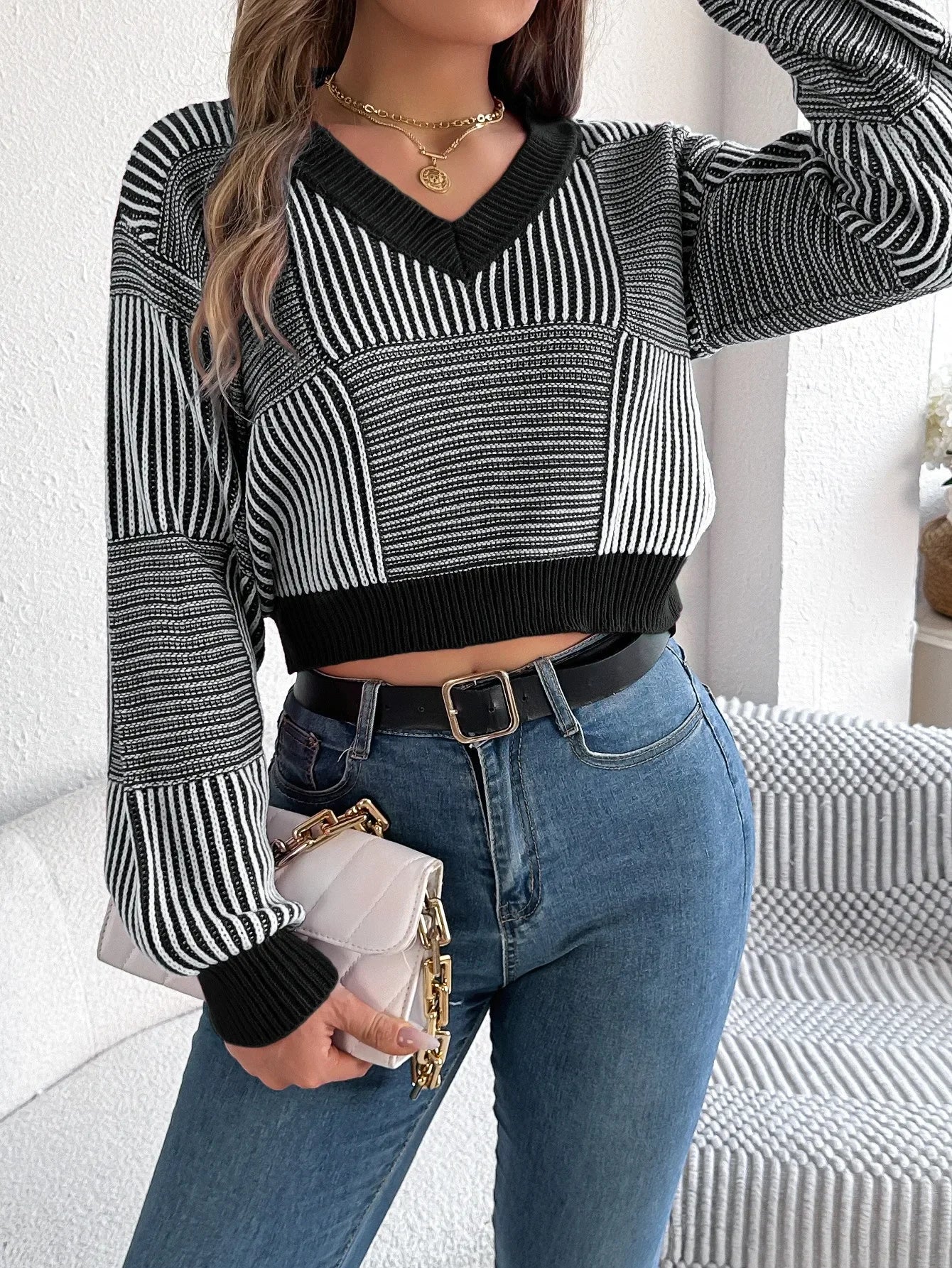 Striped Charm V-Neck Crop Sweater