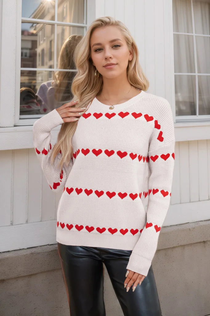 Cute Heart Print Knit Pullover Sweater