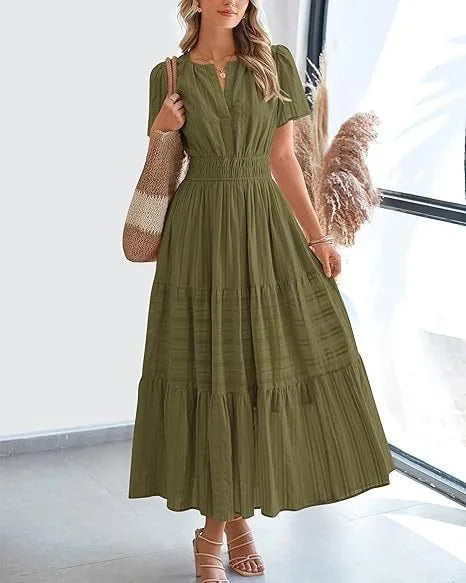 V-Neck Puff Sleeve Beach Dress