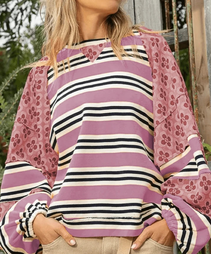 Vibrant Floral Stripe Hoodie Rich Allure