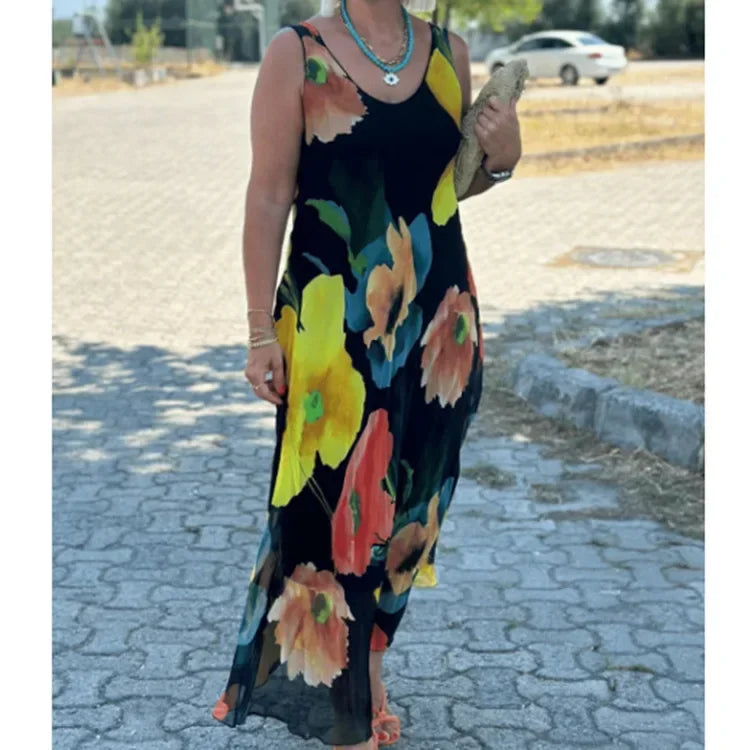 Silken Bloom U-Neck Maxi Dress