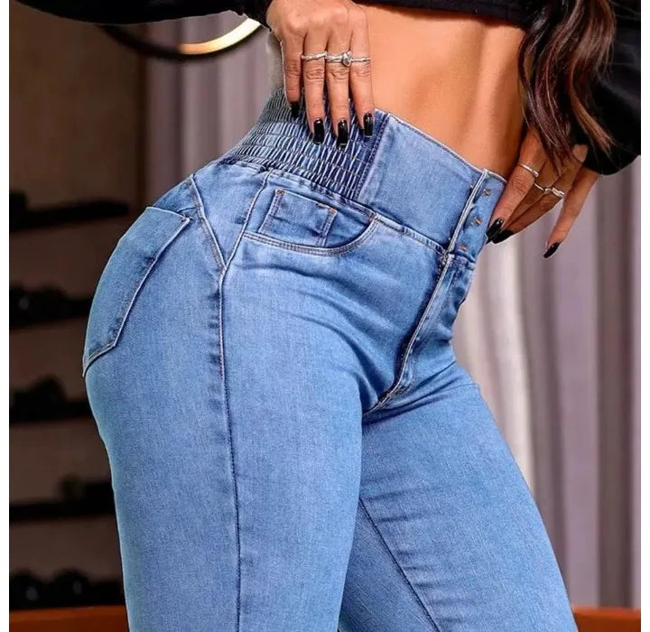 High Waist Shirred Back Denim Jeans