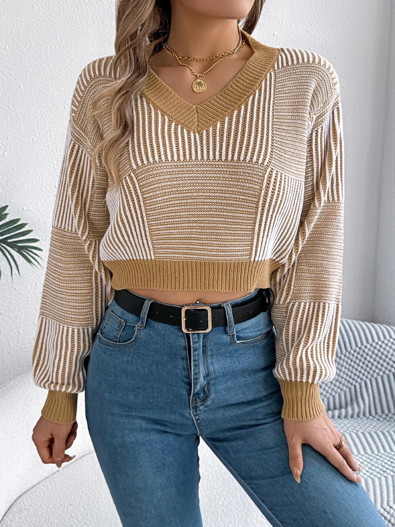 Striped Charm V-Neck Crop Sweater