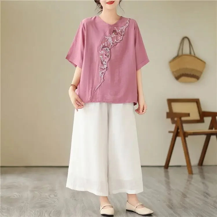 Lotus Whisper Embroidered Tea Blouse