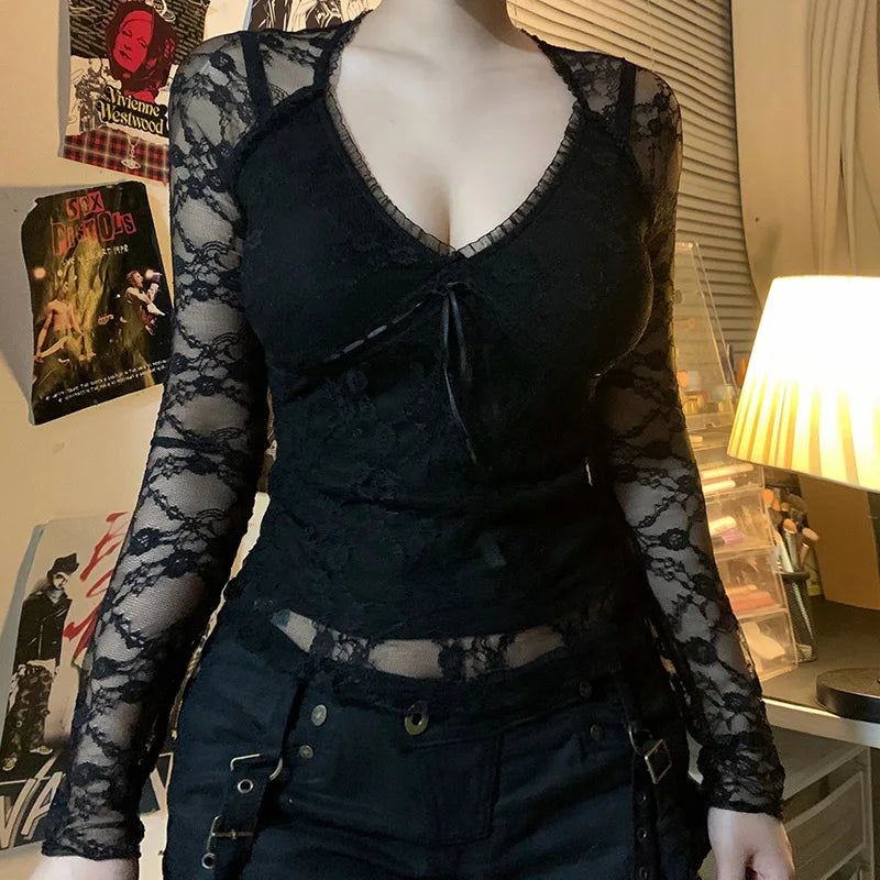 Goth Lace Sheer Patchwork Crop Top