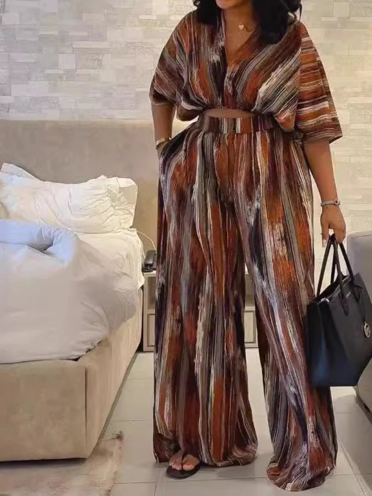 Striped V-Neck Two-Piece Set
