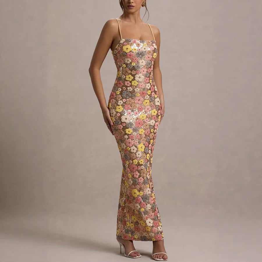 Starlit Bloom Sequin Maxi Dress