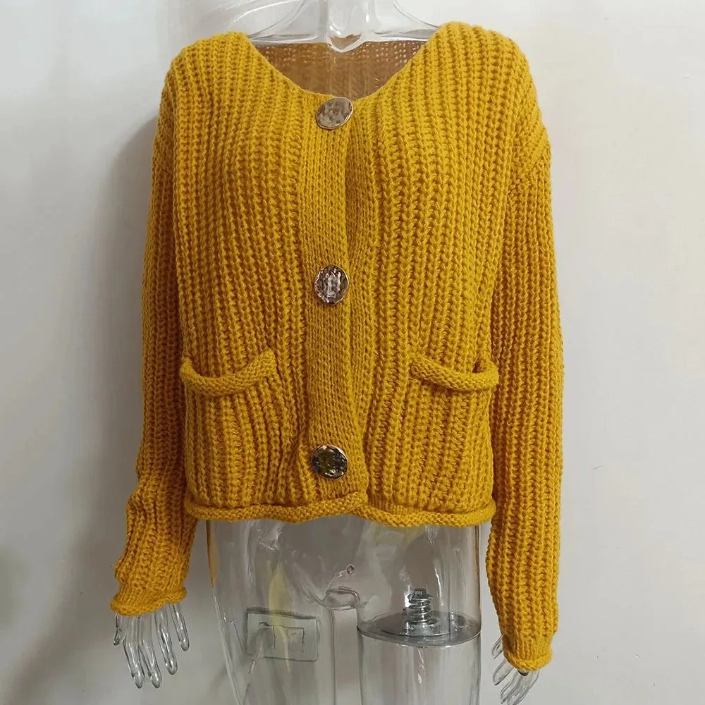V-Neck Buckle Knit Cardigan