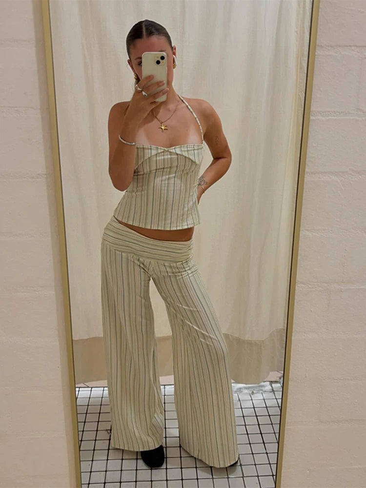 Striped Halter Lace-Up Beach Set