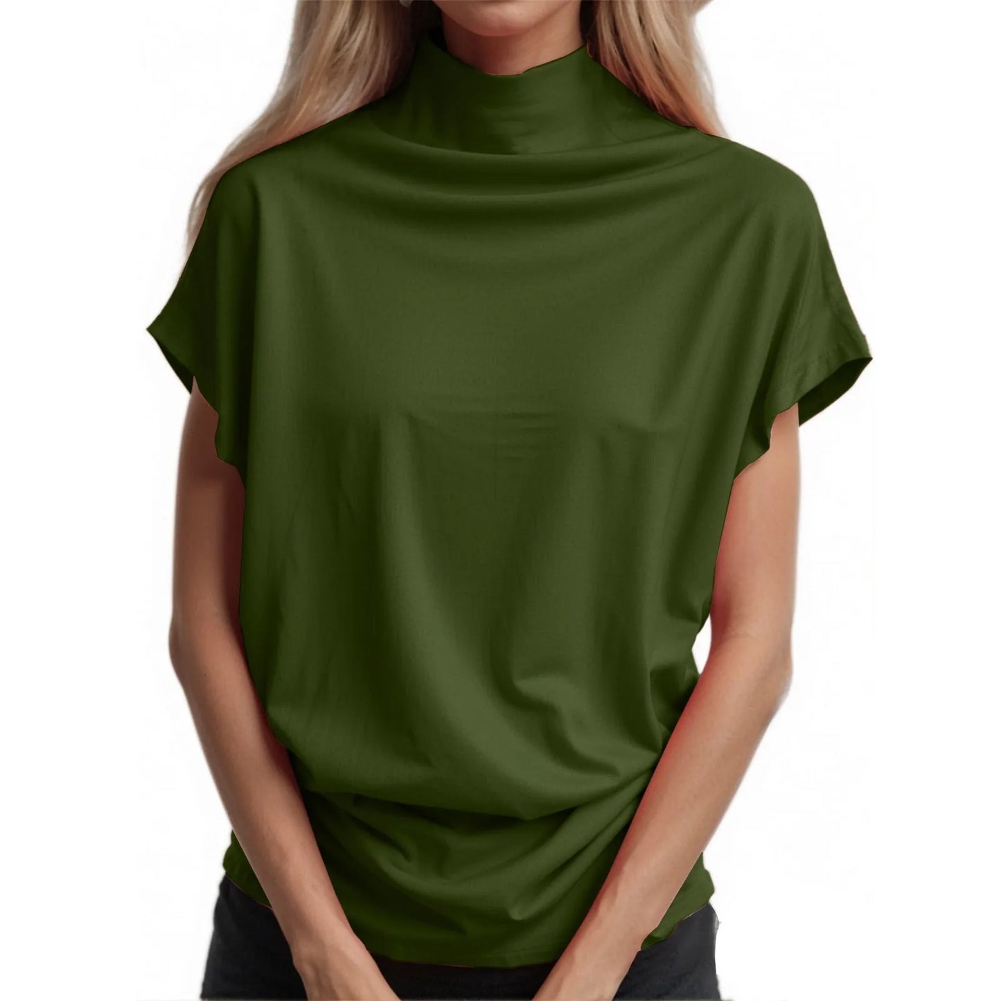 Soft Pleated Turtleneck Short Sleeve Top