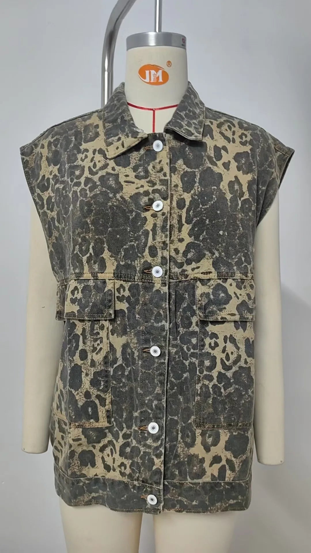 Leopard Denim Hooded Vest Jacket