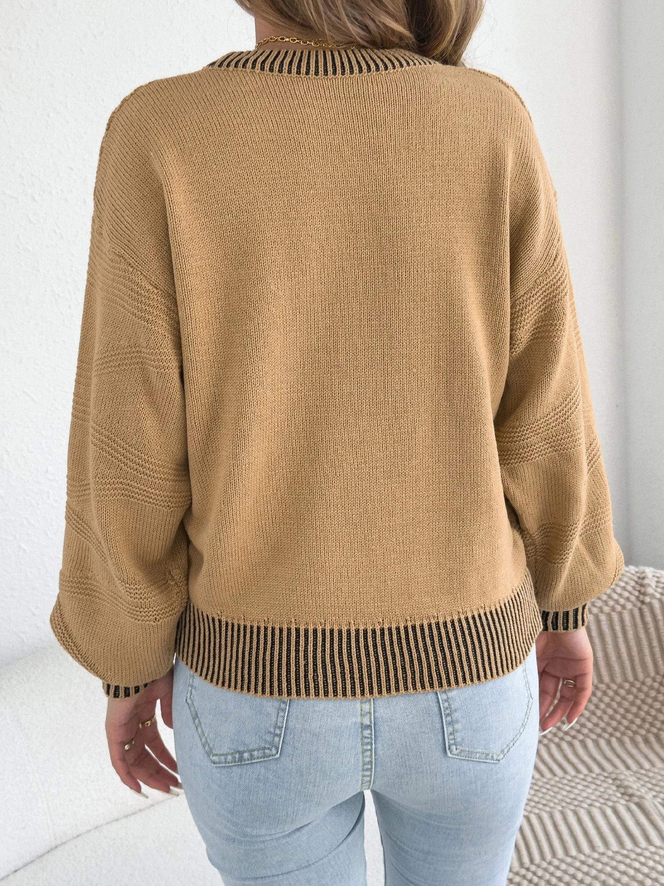 Autumn Winter Striped Lantern Sleeve Sweater