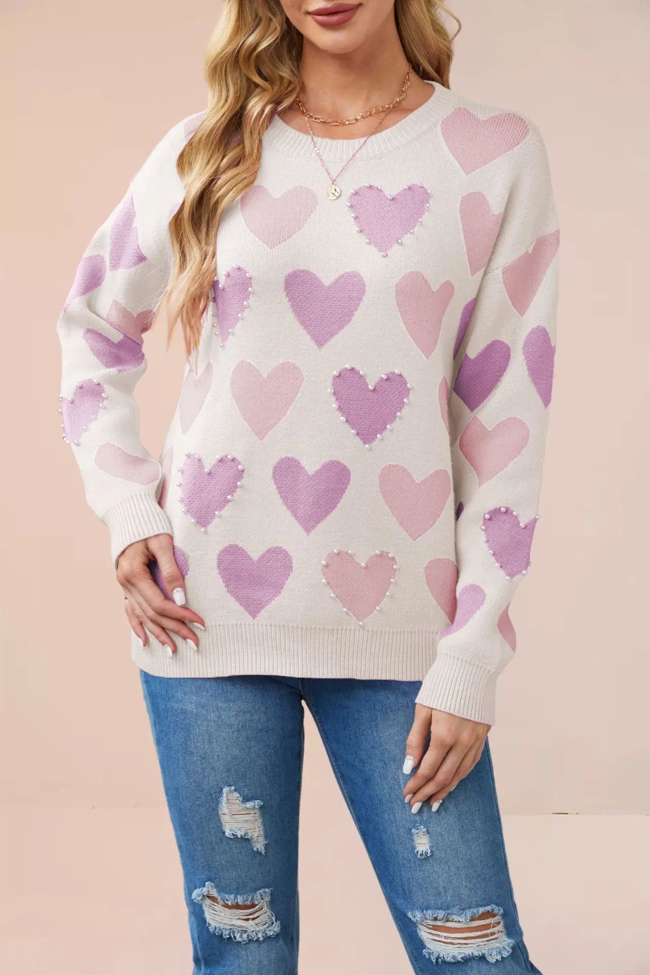 Pearl Heart Beaded Knit Pullover Sweater
