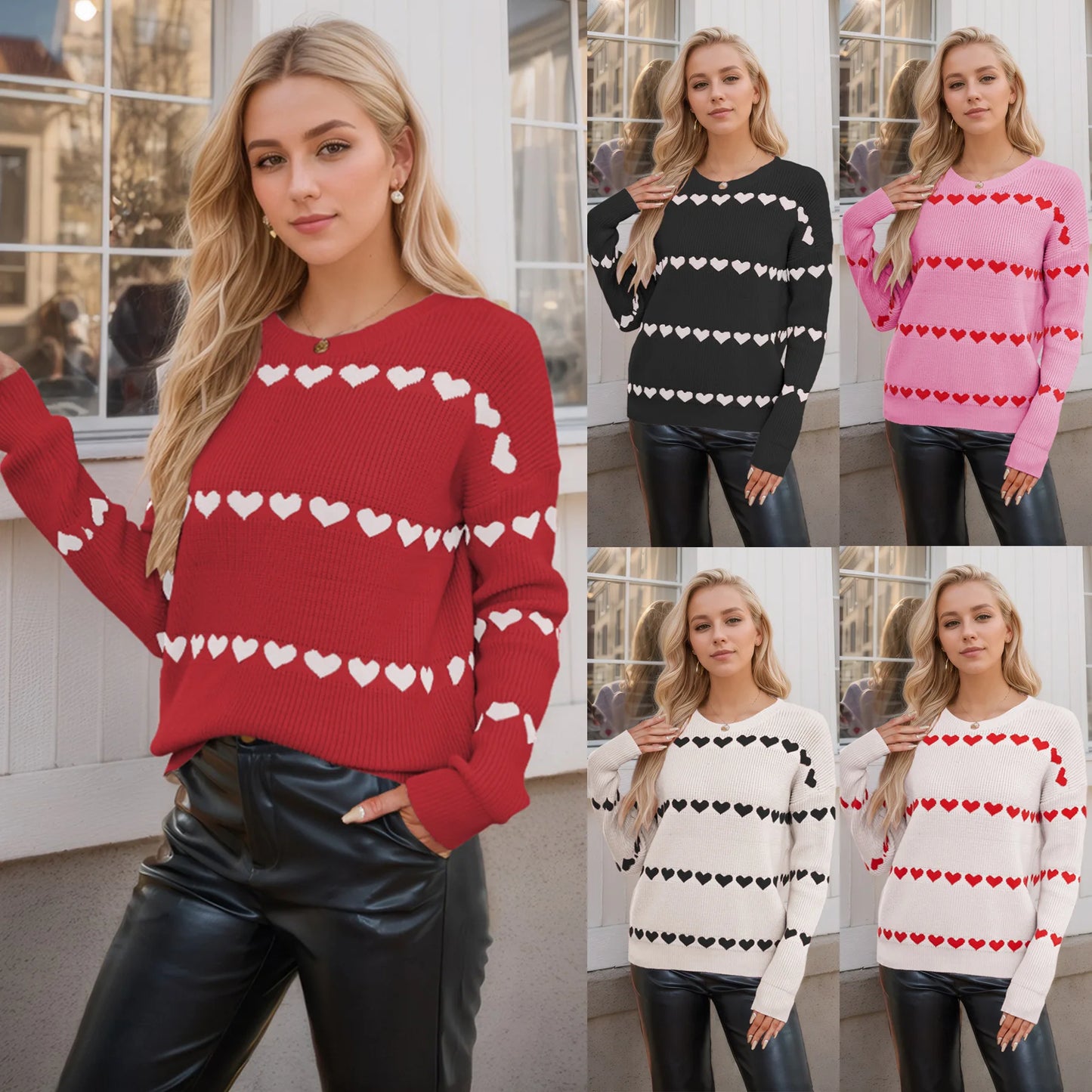 Cute Heart Print Knit Pullover Sweater