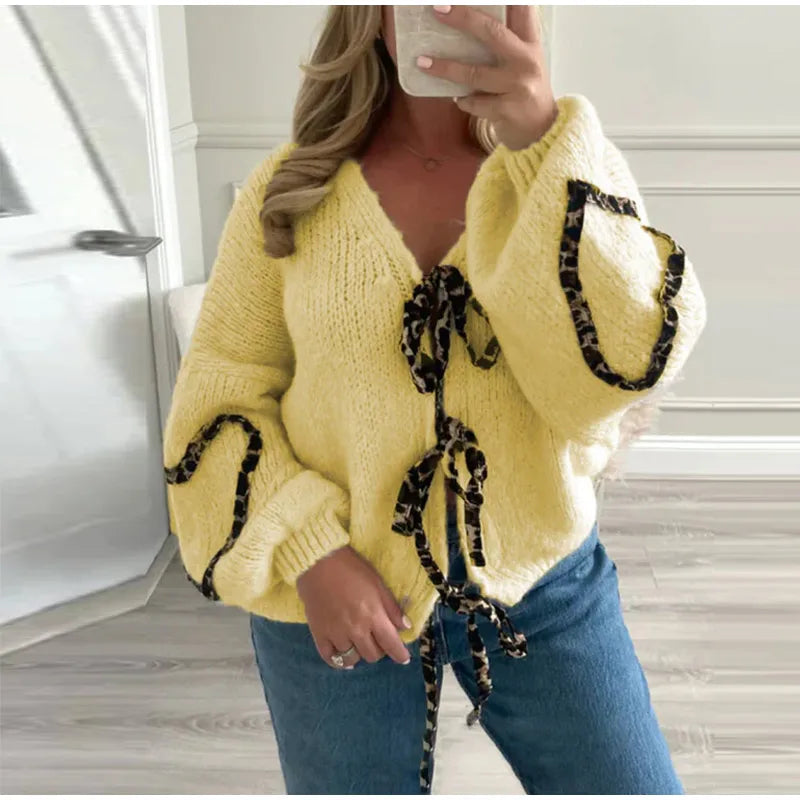 Leopard Lace-Up V-Neck Cardigan