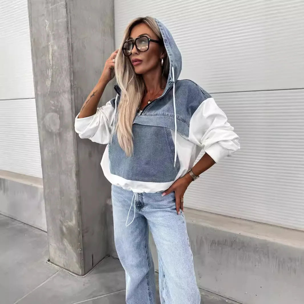 Denim Zip-Up Hooded Sweatshirt