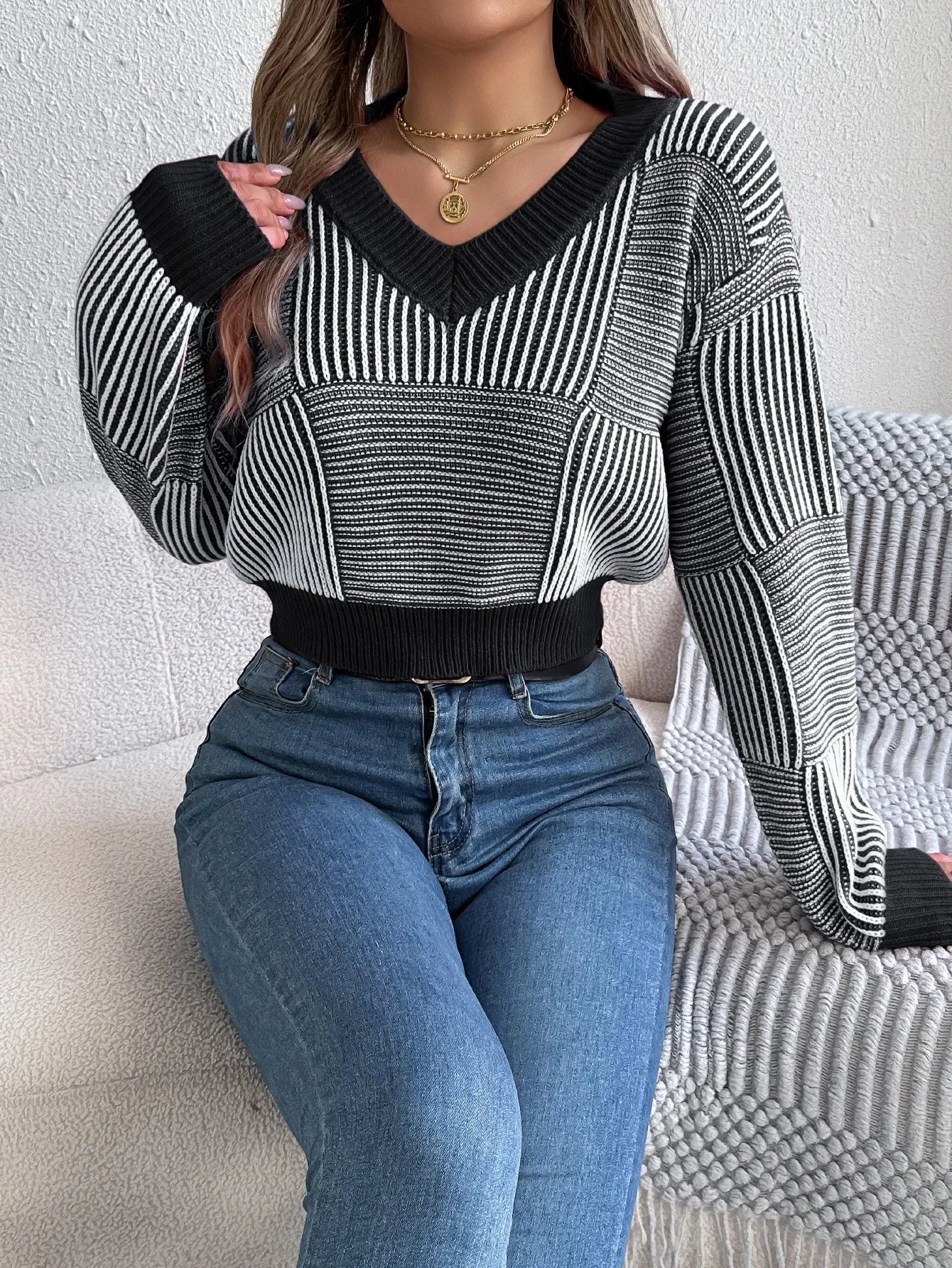 Striped Charm V-Neck Crop Sweater