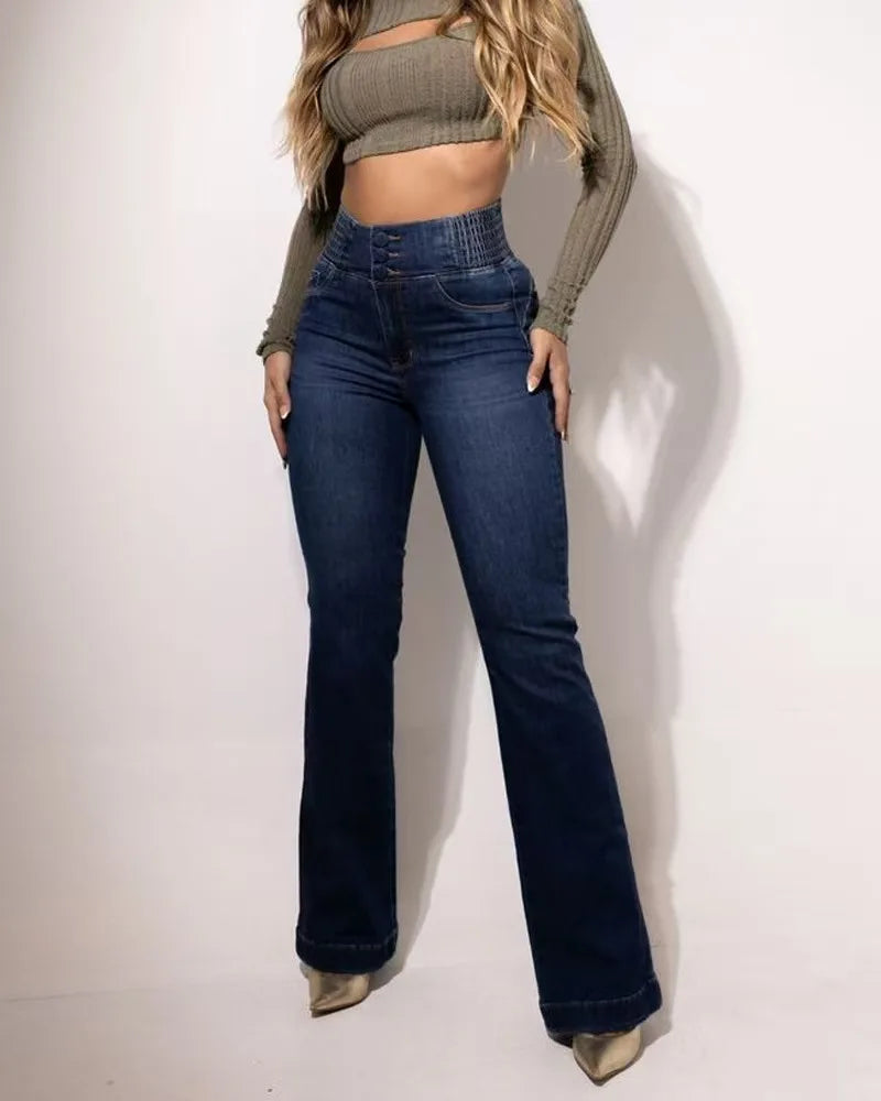 High Waist Shirred Back Denim Jeans Rich Allure
