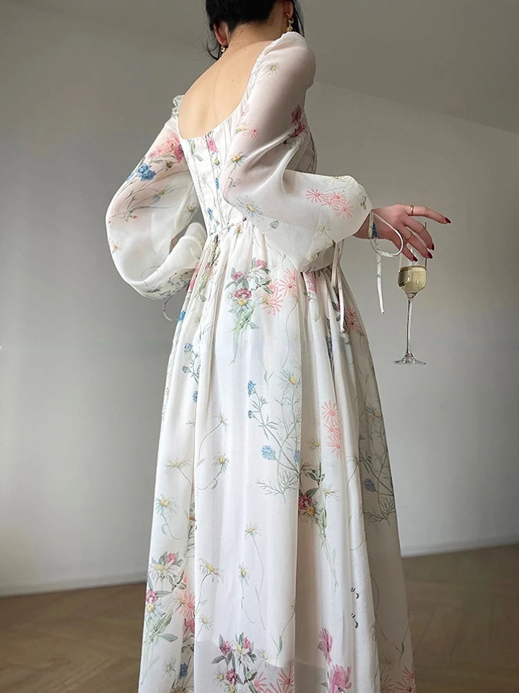 Vintage Square Neck Floral Dress