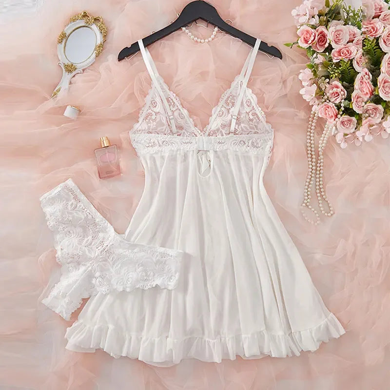 Lace V-Neck Tulle Lingerie Set
