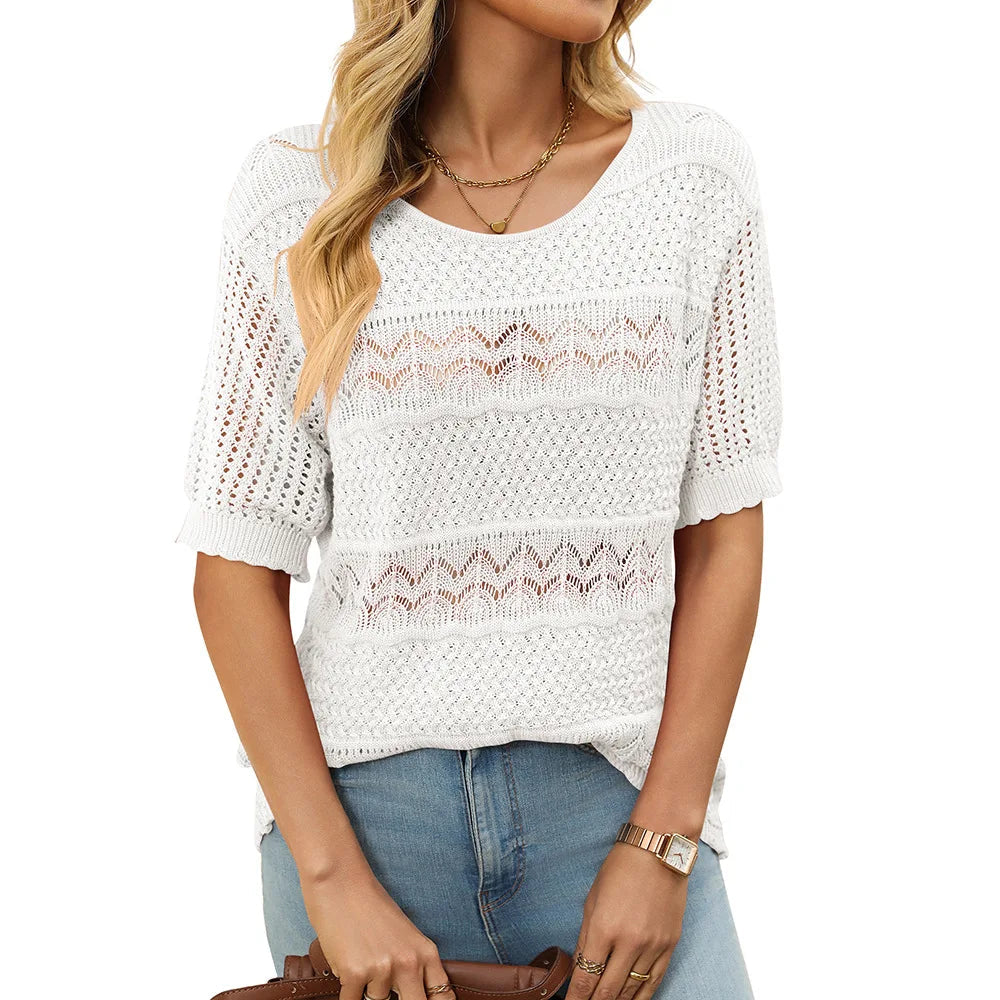 Knitted Hollow Floral Sleeve Top Rich Allure