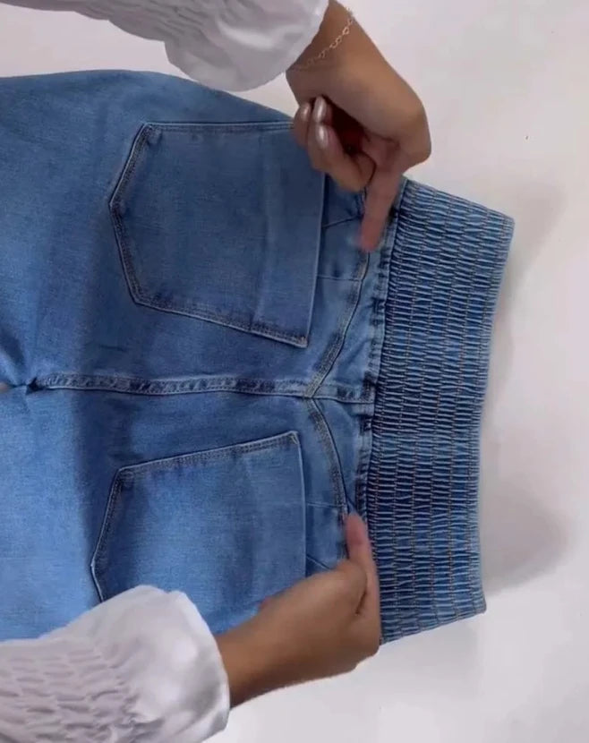 High Waist Shirred Back Denim Jeans