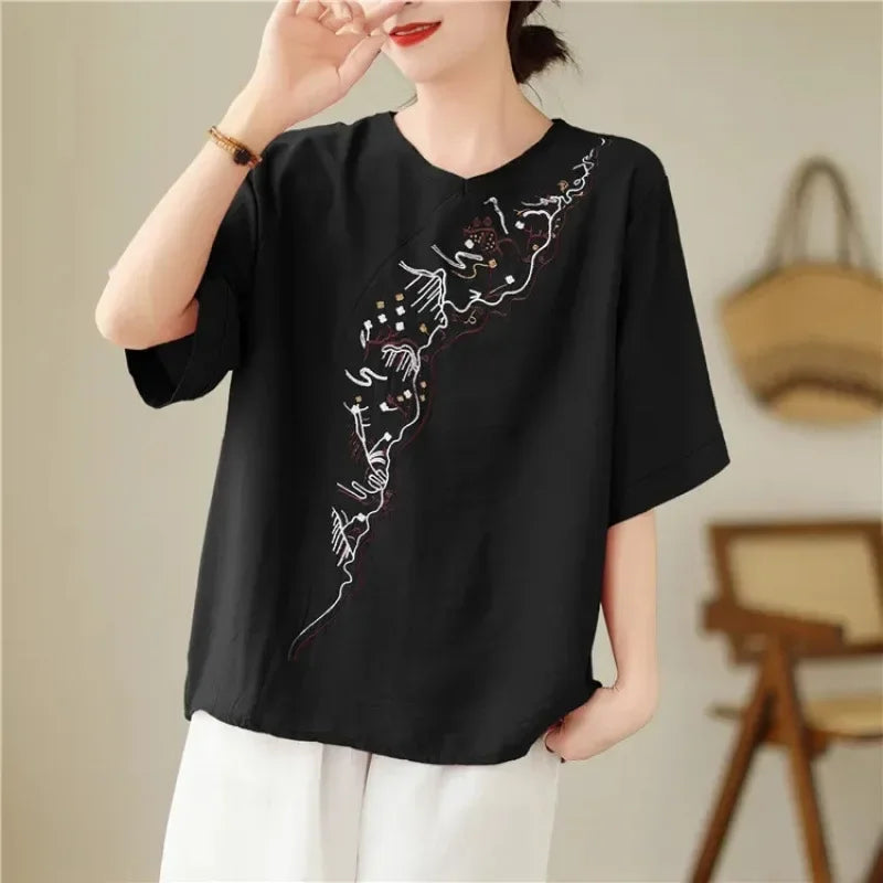 Lotus Whisper Embroidered Tea Blouse