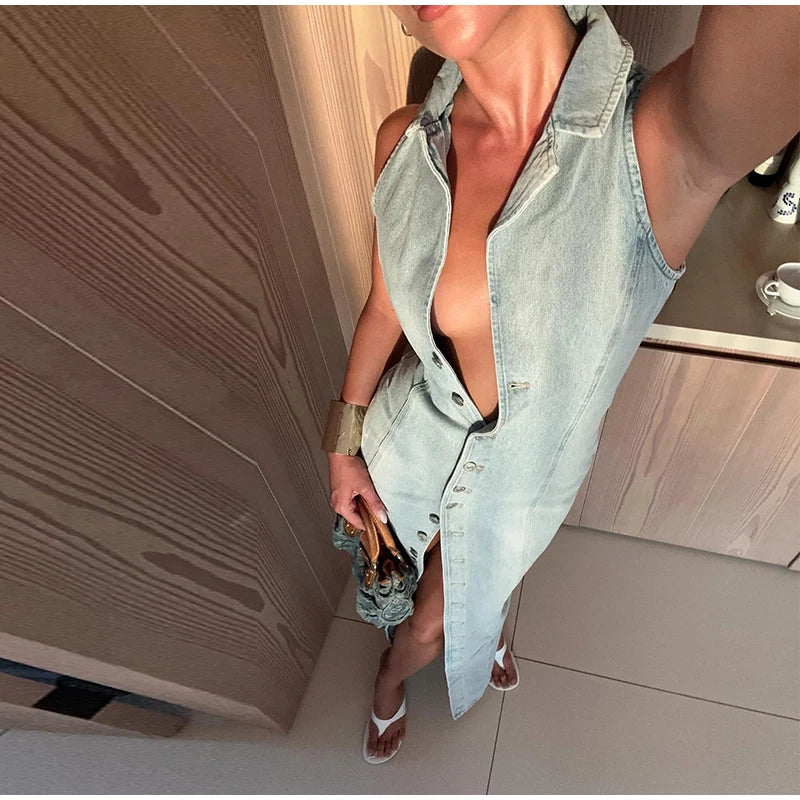 Urban Edge Denim Slit Maxi Dress