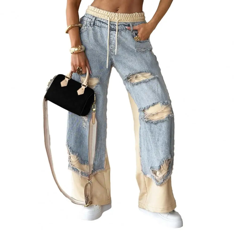 Ripped Drawstring Waist Sweatpants Jeans Rich Allure