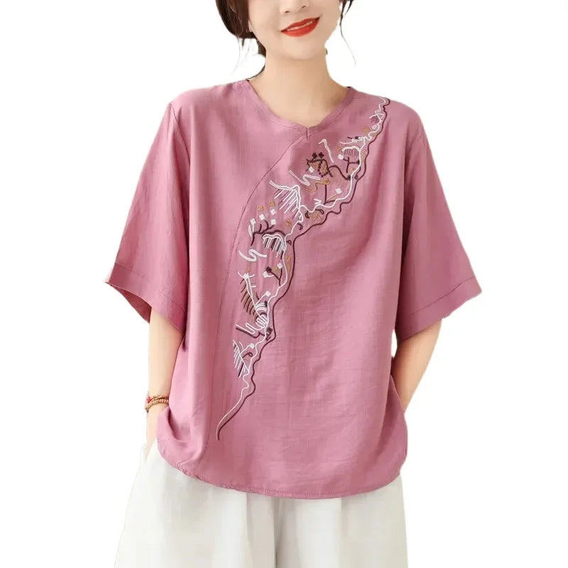 Lotus Whisper Embroidered Tea Blouse