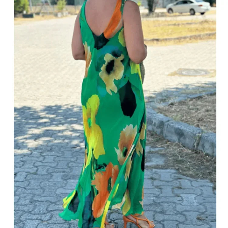 Silken Bloom U-Neck Maxi Dress