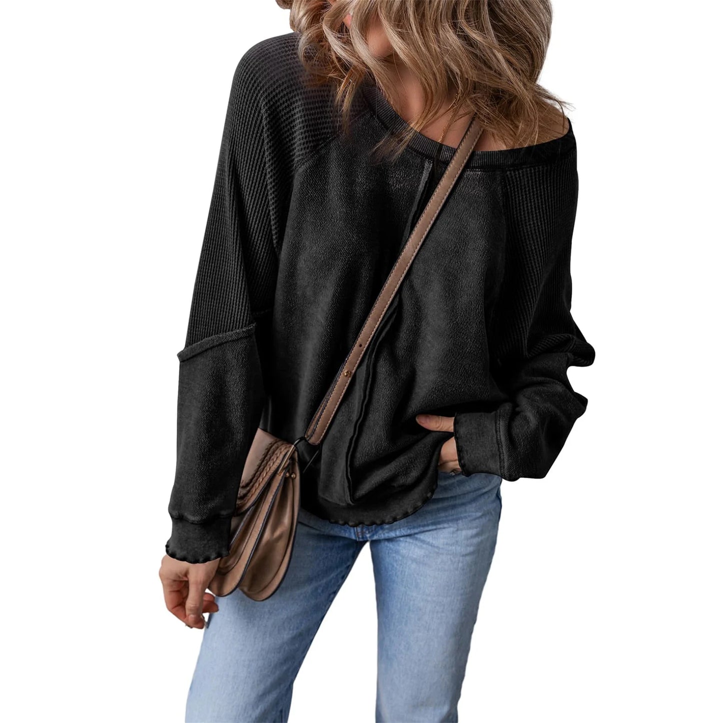 Patchwork Charm Waffle Knit Pullover
