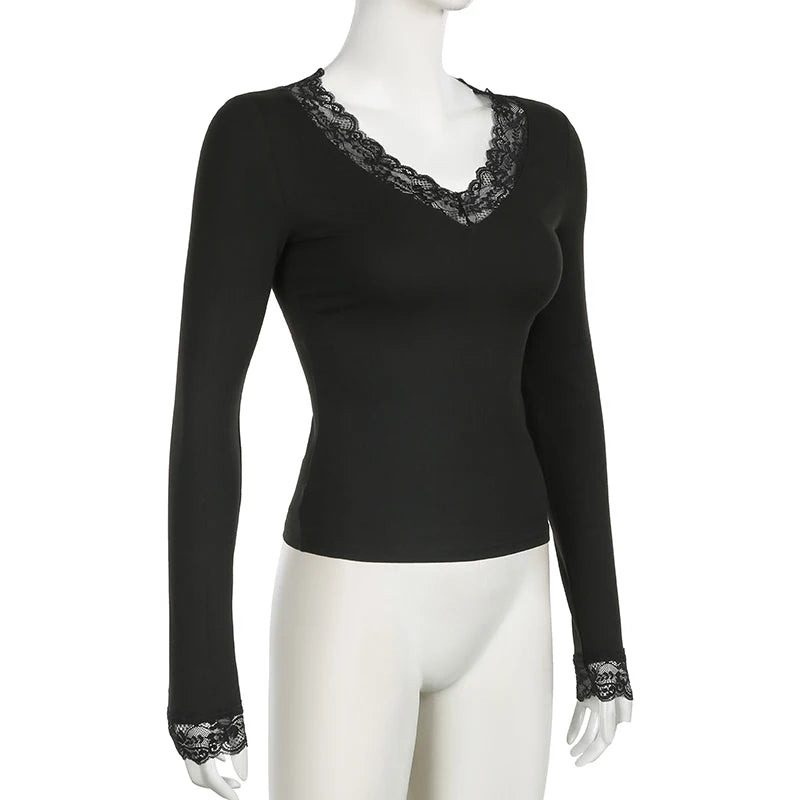 Lace Edge Slim V-Neck Long Sleeve Tee