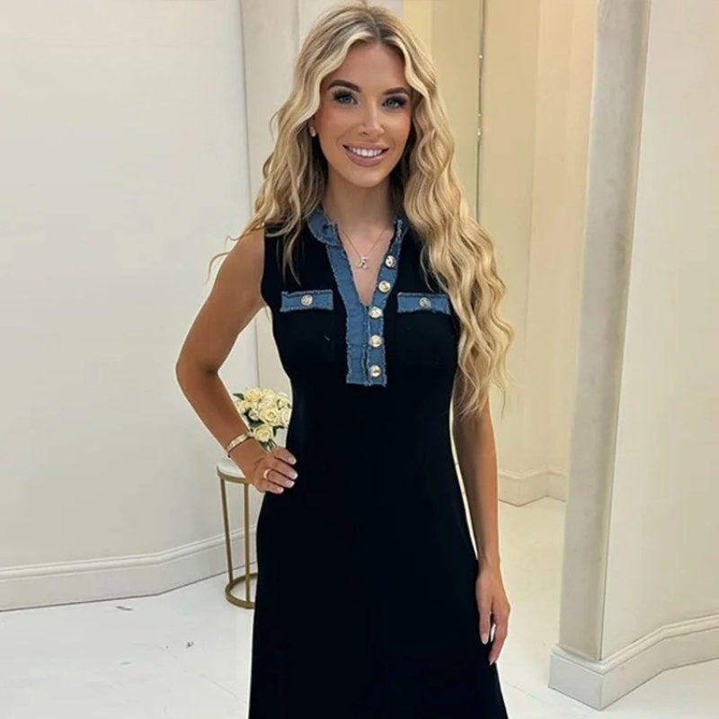 Elegant Knit Denim Splice Midi Dress