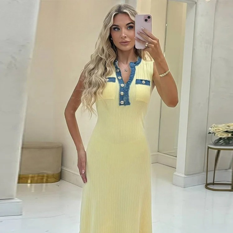 Elegant Knit Denim Splice Midi Dress