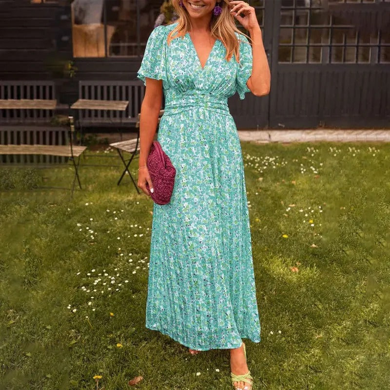 Elegant Floral V-neck Beach Dress