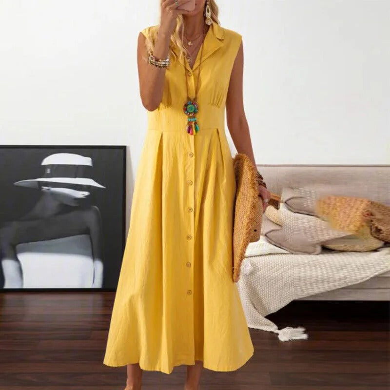 Suit Collar Cotton Linen Dress