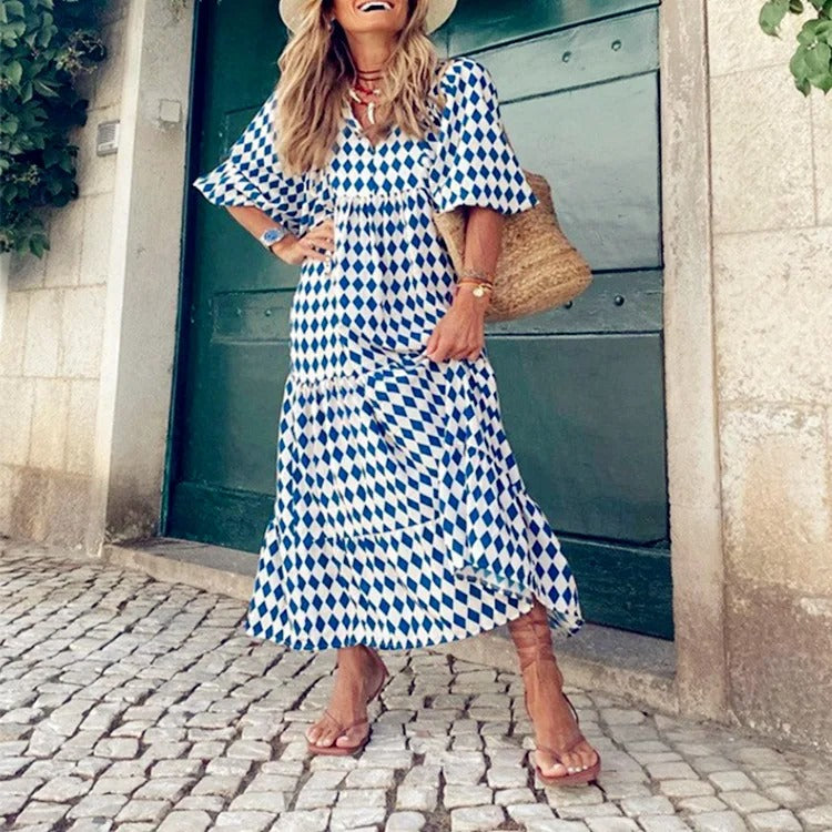 Geometric Print Bubble Sleeve Dress