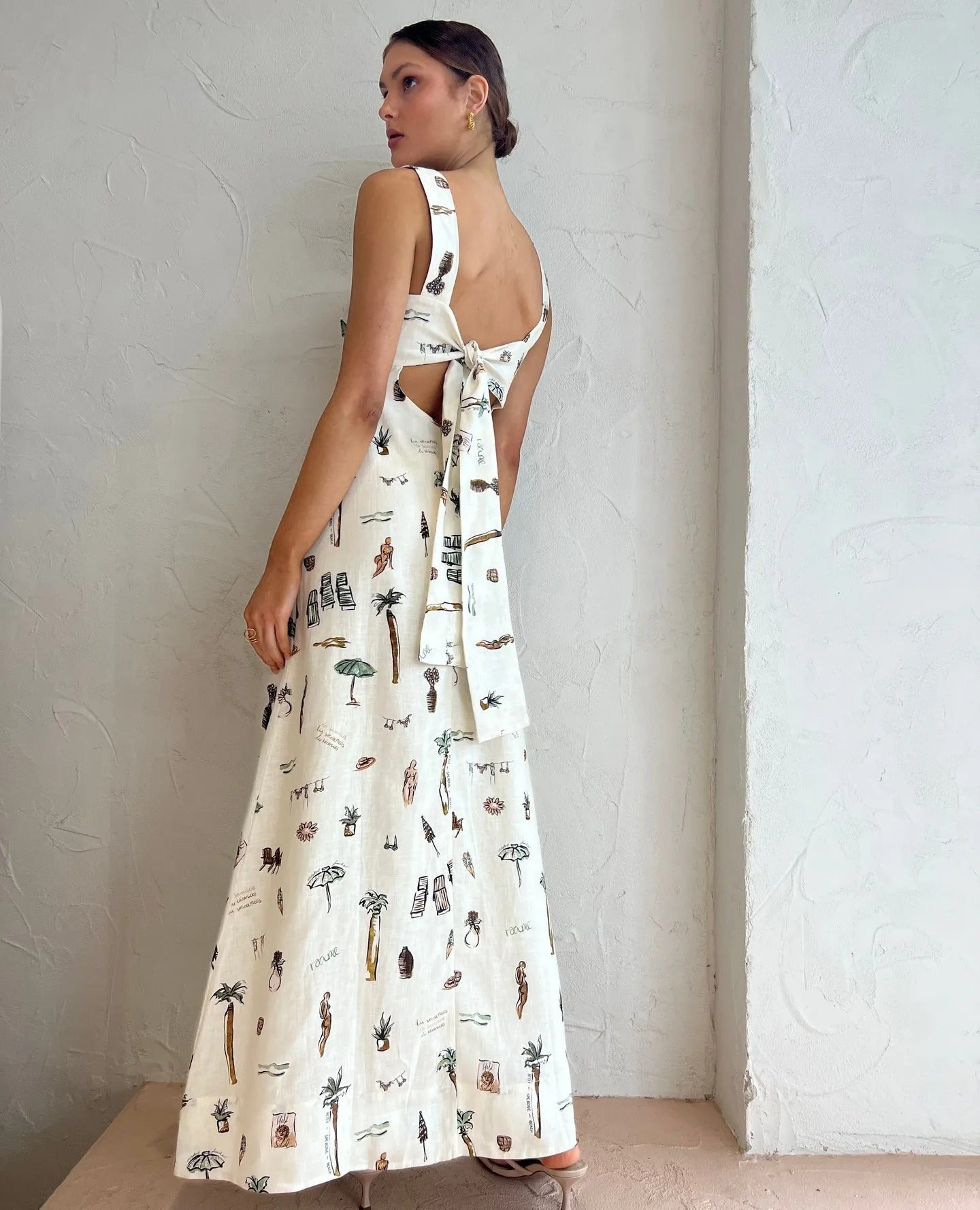 Graffiti Glam Backless Lace-Up Maxi Dress